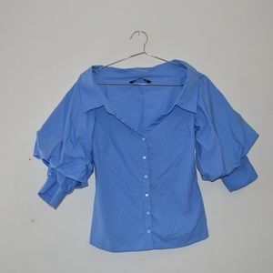 Blue Button Down Wide Sleeve Poplin Top